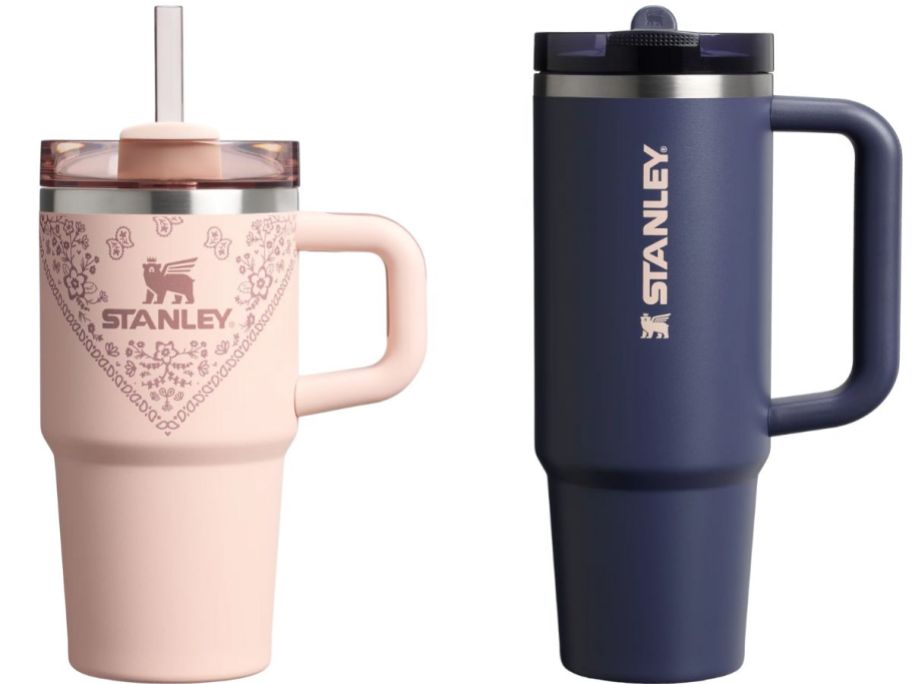 Stock images of two Stanley Mesa Rose Collection Tumblers