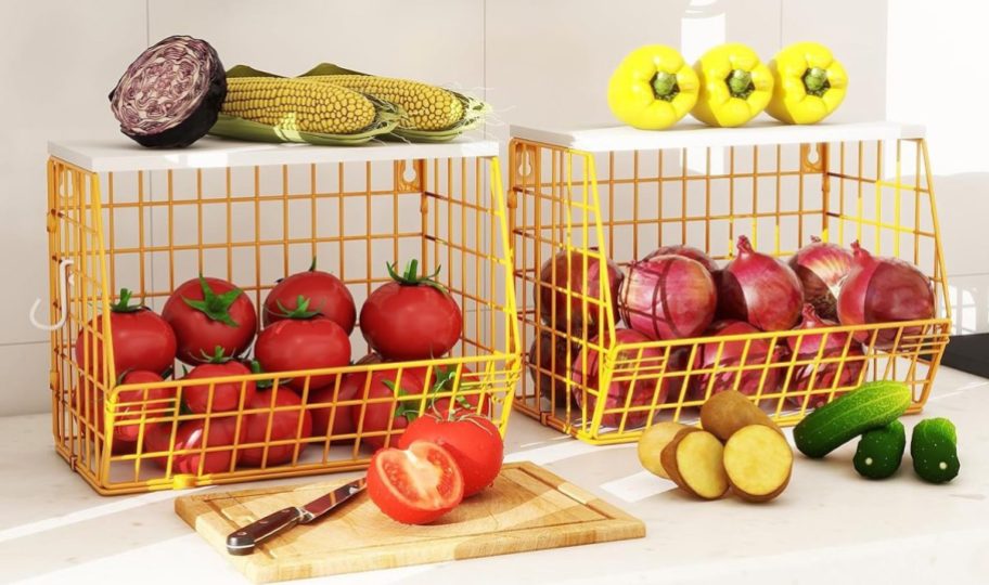 Storage Baskets on counter filled with fruit
