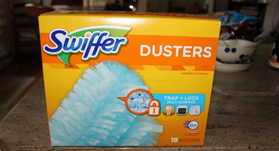 Swiffer dister 18 piece box displayed on top of a kitchen counter