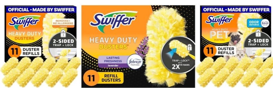 Three different kinds of swiffer dusters lined up next to each other