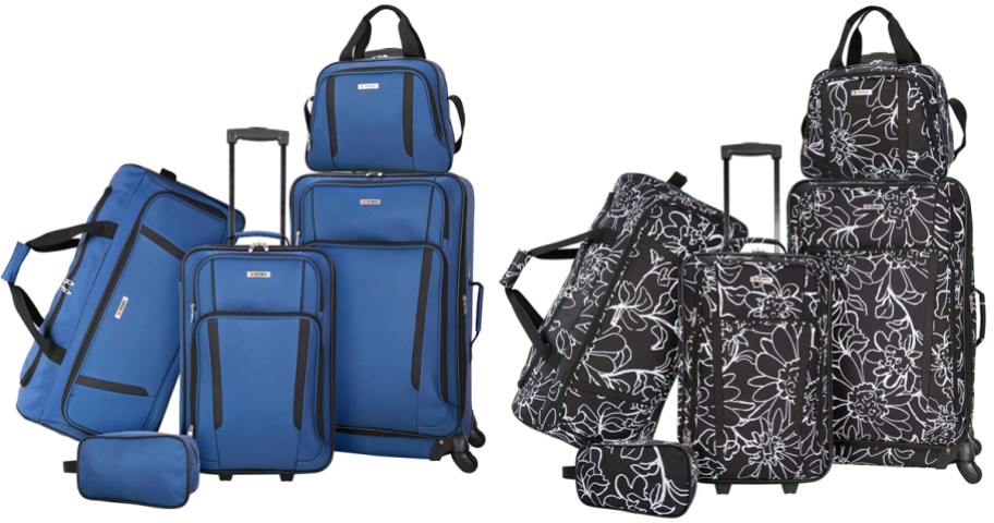 solid blue and black/white floral print luggage sets