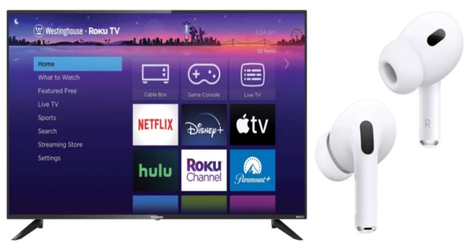 television and white ear buds