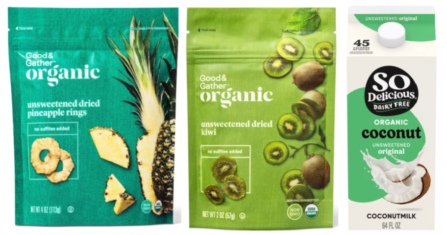 two bags of dried fruit and a bottle of coconut milk