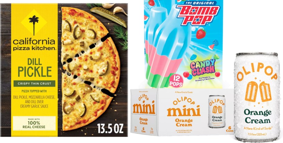 frozen pizza, bomb pops, and case of olipop cans