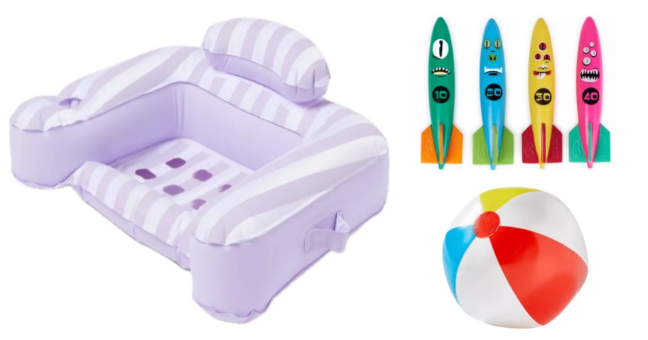 purple pool float, beach ball and water toys