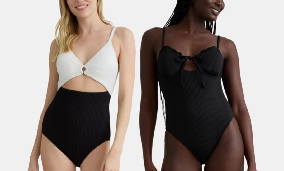 a model in a black and white one piece swimsuit and a model in a black one piece swimsuit