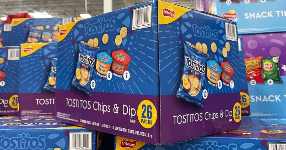 large blue box of Tostitos chips, salsa, and queso cups