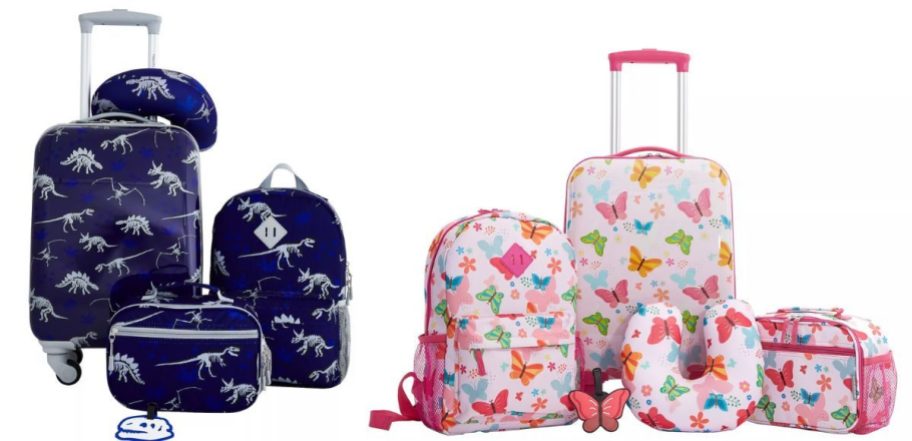 kohls 5 piece dinosaur luggage and butterfly luggage next to each other 