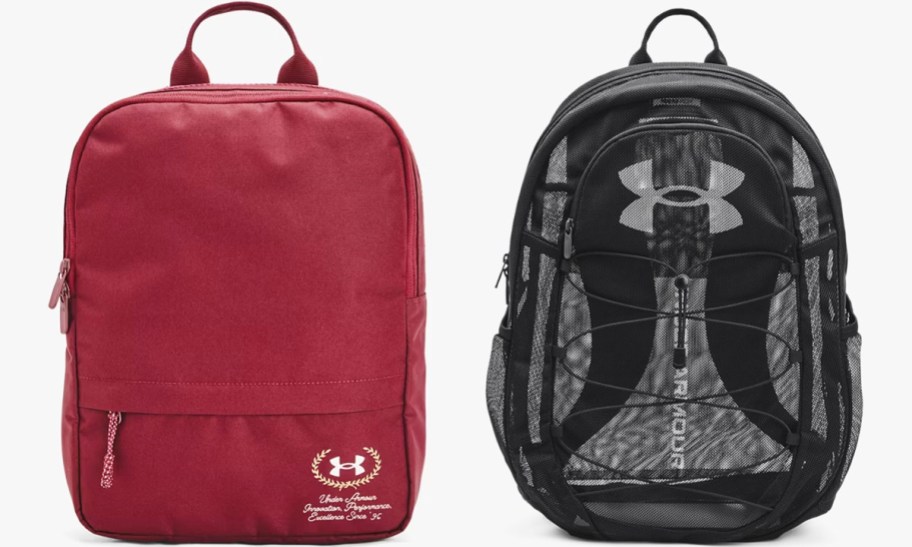 red square and black mesh backpacks
