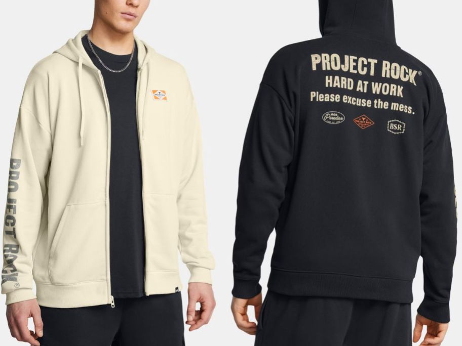 Stock images of the front and back of two men wearing Under Armour Project Rock Men's Heavyweight Hoodies