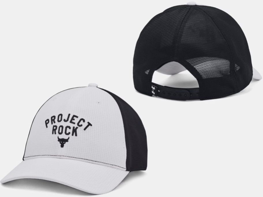 Stock images of the front and back of an Under Armour Project Rock Men's Trucker Hat