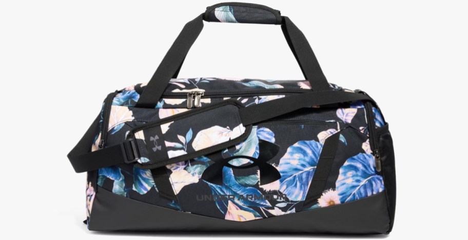 black and blue floral print under armour duffle bag
