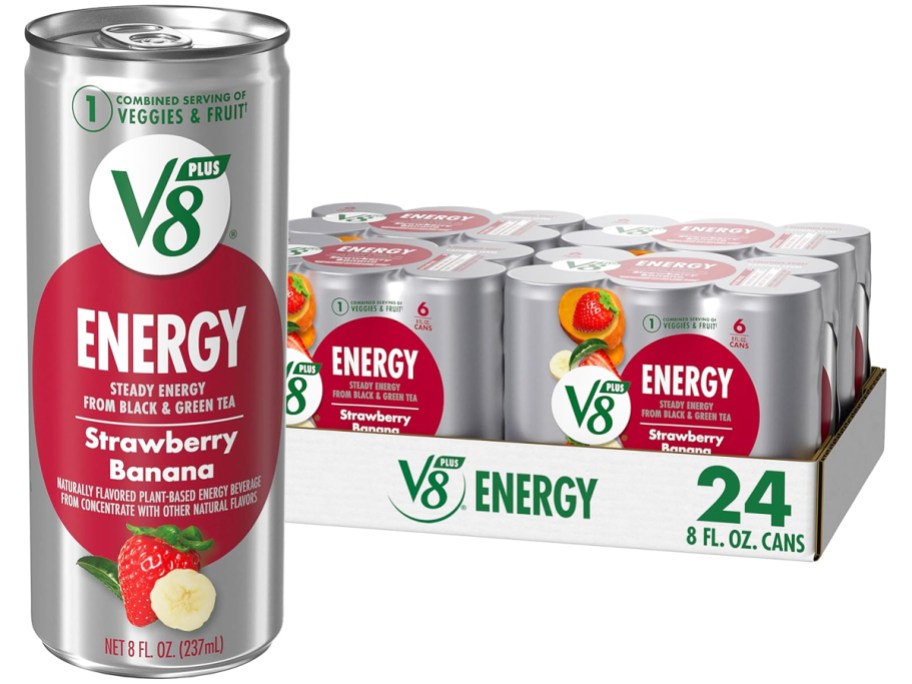 case of V8 +ENERGY Strawberry Banana Energy Drinks with large can in front of it