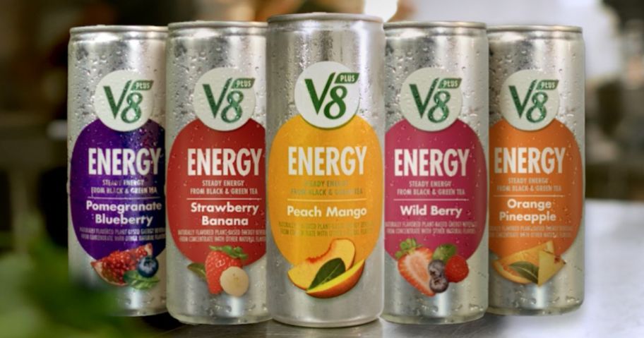 5 cans of V8 Energy Drinks in different flavors