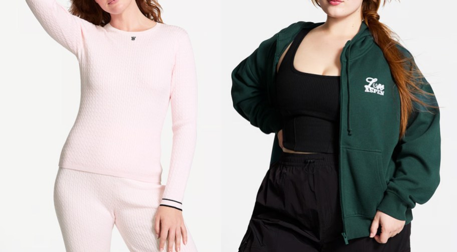 woman in light pink sweater and woman in dark green zip-up hoodie