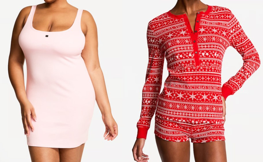 woman in pink sleep dress and woman in red pajama set