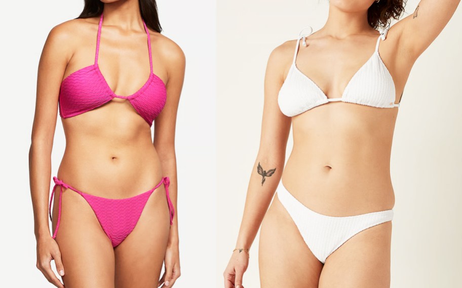 two women in pink and white bikinis