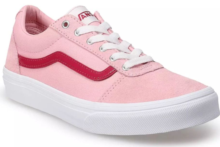 A pink and red Vans shoe with laces