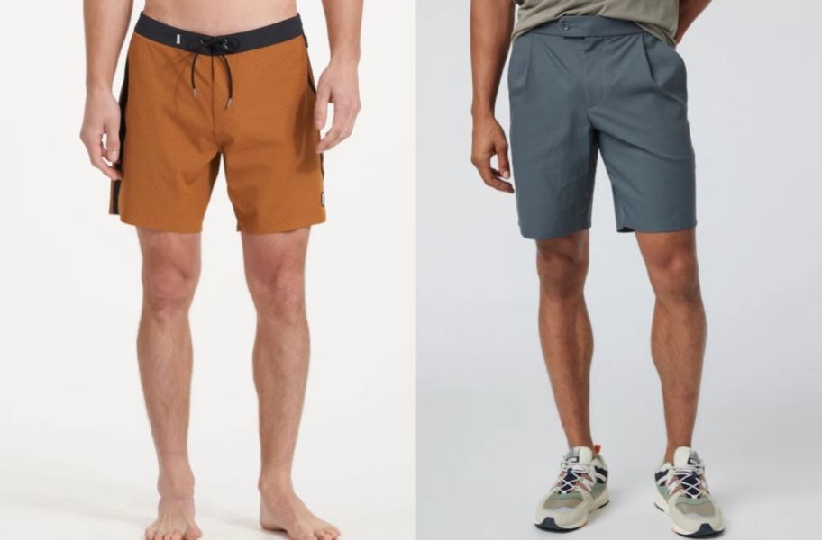 a man in a bair of board shorts and a man in a pair of pleated shorts