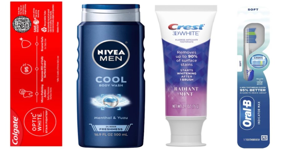 two tubes of toothpaste, toothbrush and body wash