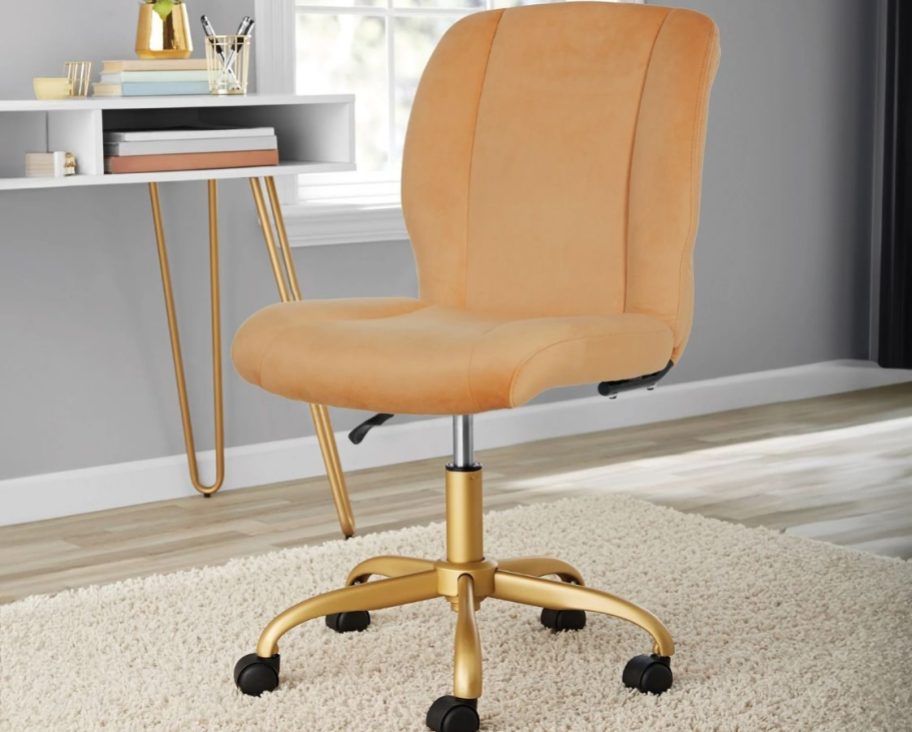 A Mainstays Plush Velvet Office Chair next to a desk