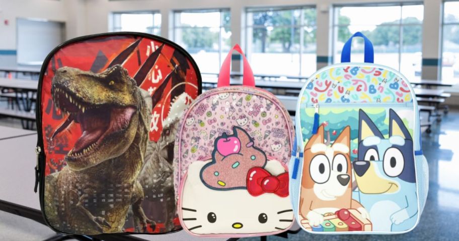 3 character Backpacks in a school lunchroom 