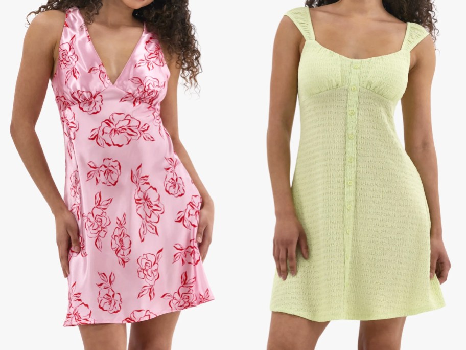 two women in pink and light green dresses