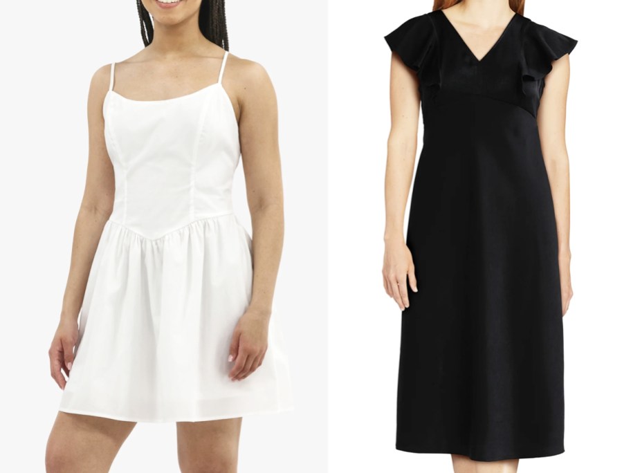 two women in white and black dresses