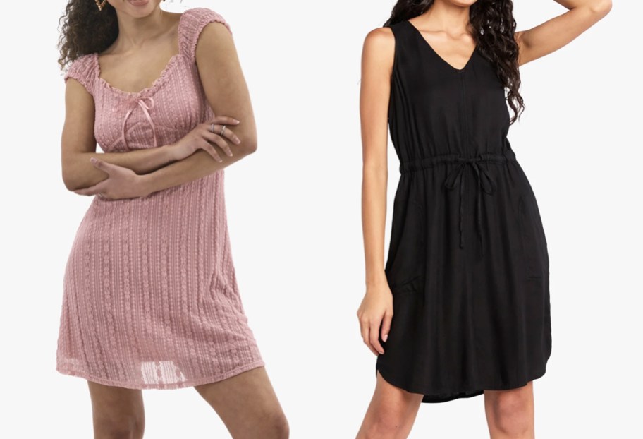 two women in pink and black dresses