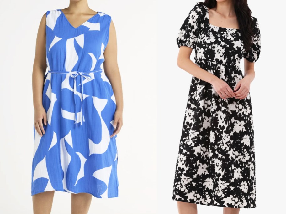 two women in blue/white and black/white floral print dresses