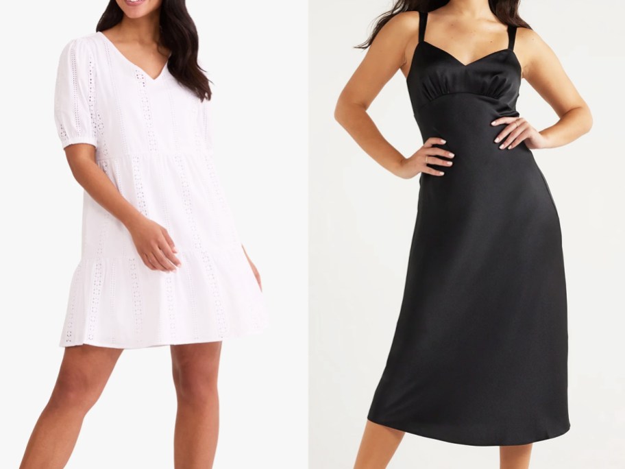 two women in white and black dresses