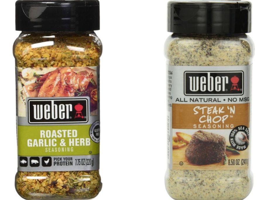 Stock images of two large shakers of Weber Garlic & Herb and Steak & Chop Seasonings