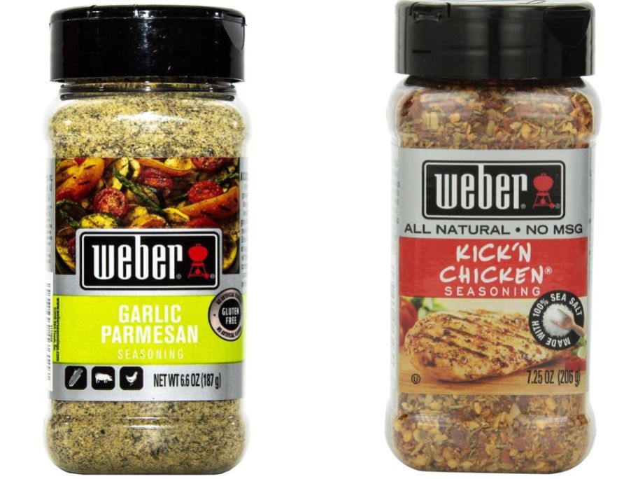 Stock images of two larger shakers of Weber Garlic Parmesan and Kick'n Chicken Seasonings