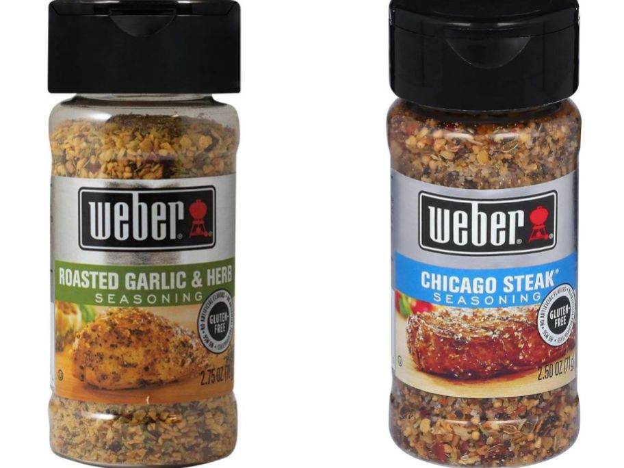 Stock images of two 2.5oz Shakers of Webder Garlic & Herb and Montreal Steak Seasonings