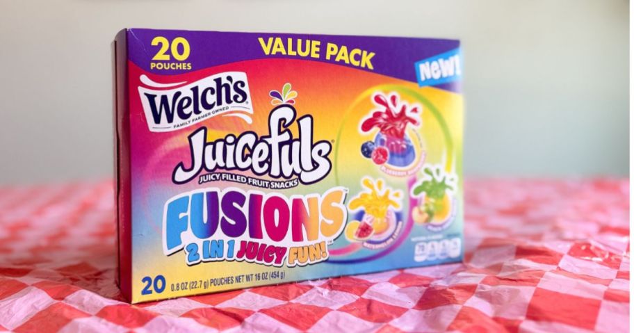 A Welch's Juicefuls Fruit Snacks box on a red and white table cloth 