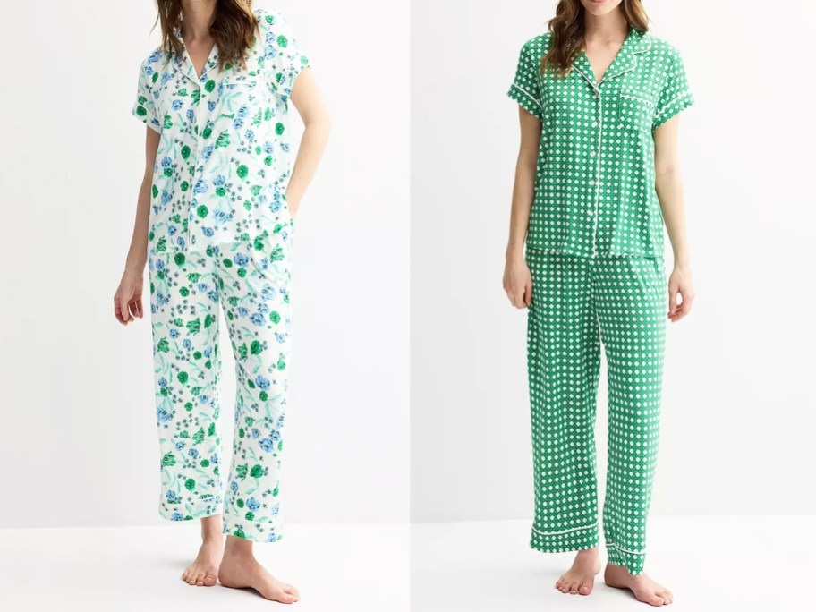 two women in green floral print and green gingham pajama sets