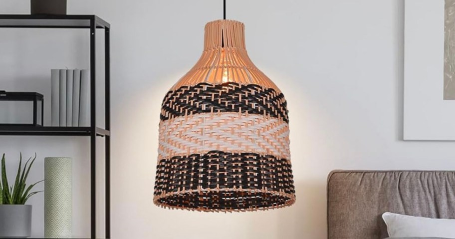 black and white striped rattan pendant light 