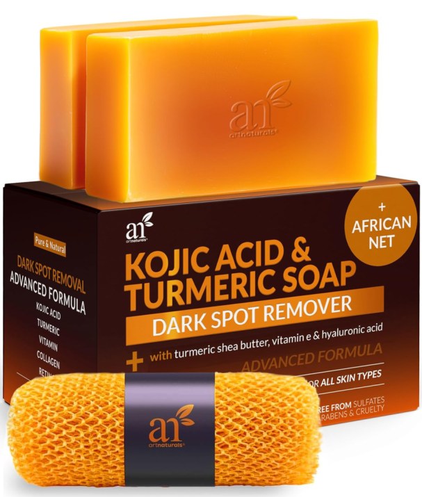 two bars of kojic acid turmeric soap with african net sponge