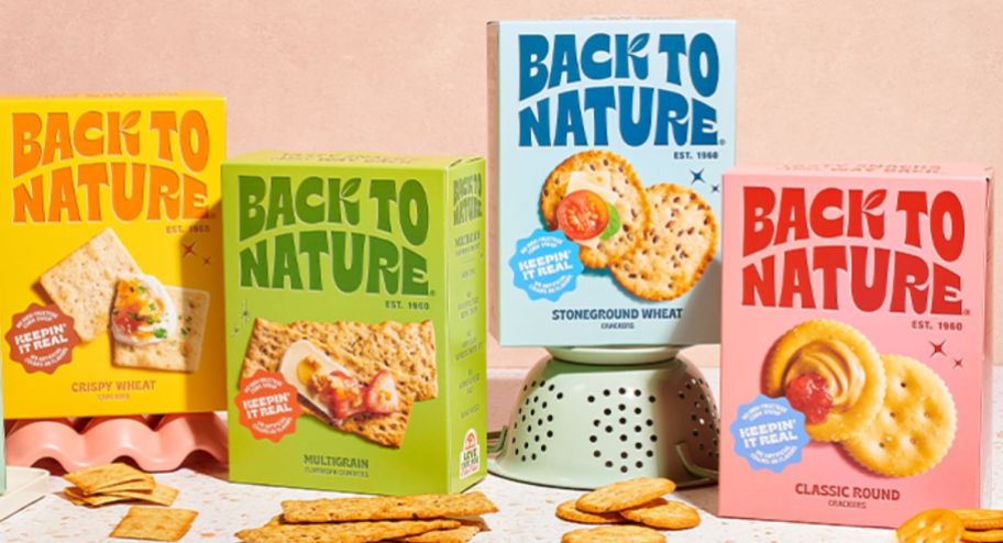 Back to nature crackers in different flavors displayed with a pink back ground 