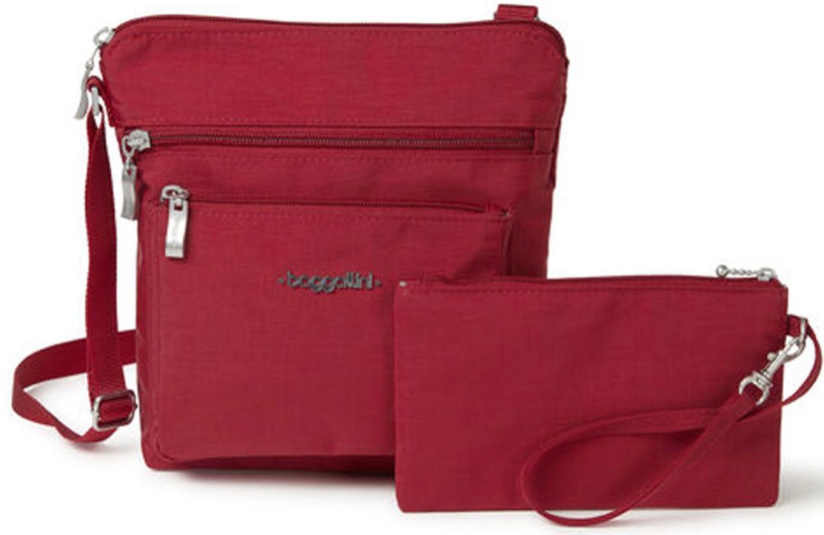 red crossbody bag with wristlet