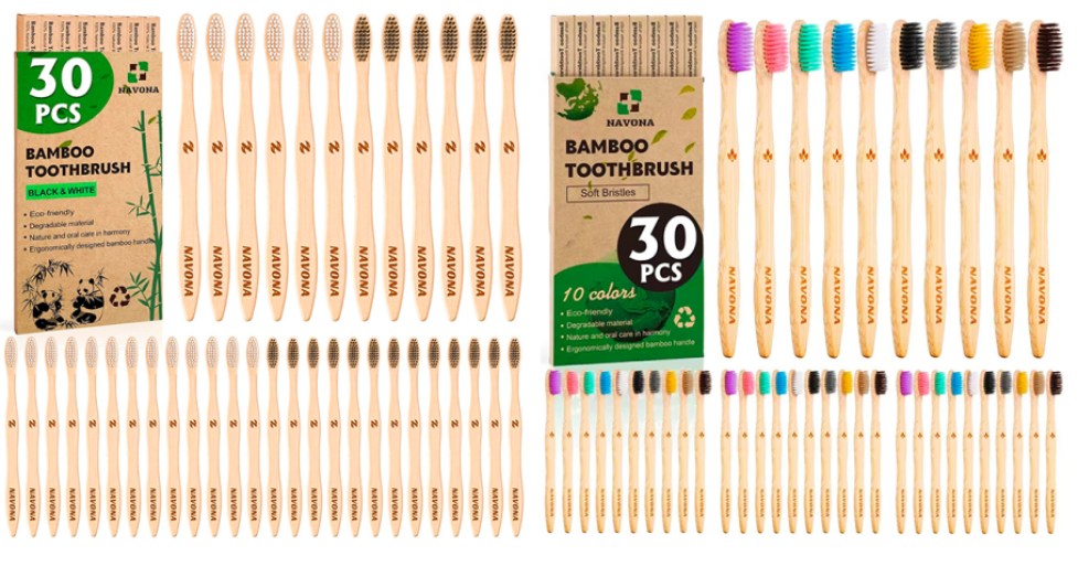 bamboo toothbrushes on white background