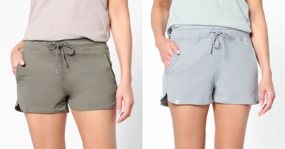 two women wearing Barefoot Dreams Malubu Collection ButterChic Shorts in green and grey