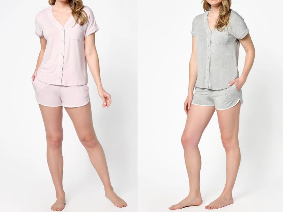 two women wearing Barefoot Dreams Malibu Collection Soft Jersey Piped Lounge Sets in pink and grey