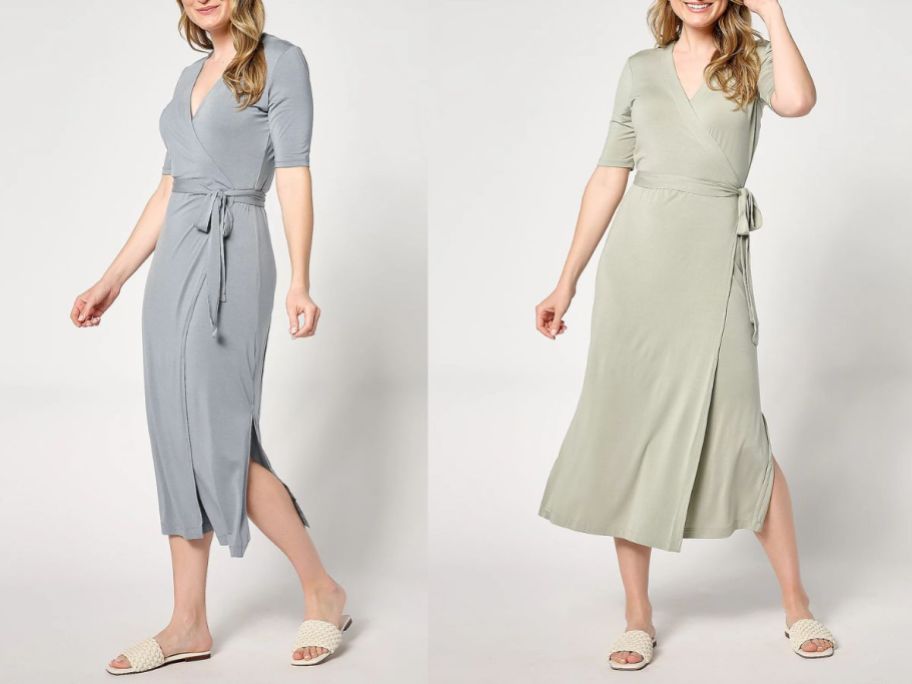 two women wearing Barefoot Dreams Luxe Milk Jersey 3/4 Sleeve Wrap Dresses in blue and green