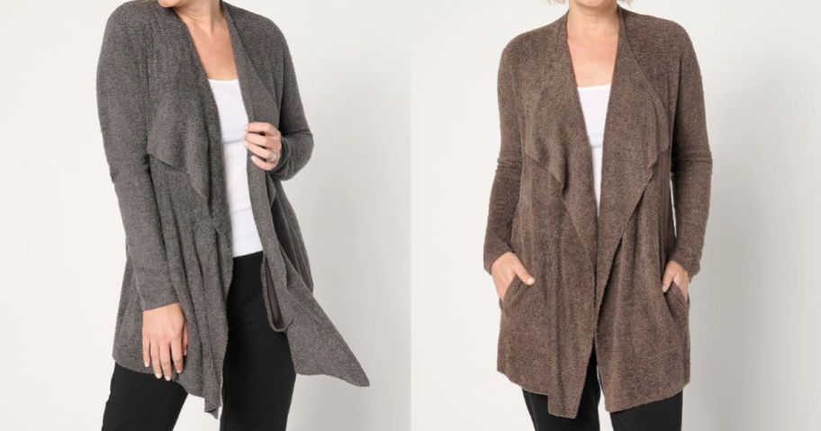 two women wearing Barefoot Dreams Regular CozyChic Lite Ribbed Island Wrap Cardigans in grey and brown