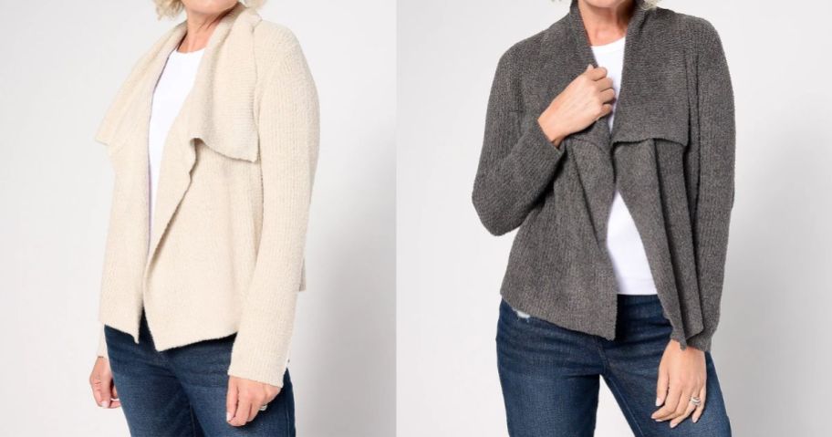 two women wearing Barefoot Dreams CozyChic Lite Shawl Cardigans in beige and grey