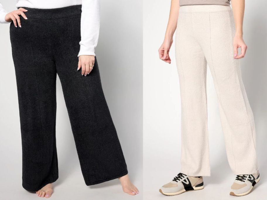 two women wearing Barefoot Dreams Tall CozyChic Lite Wide-Leg Seamed Pants in black and cream