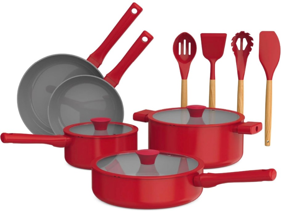 red pans, stock pots, and utensils 