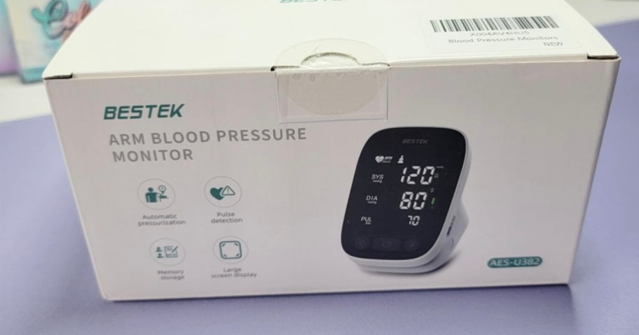 bestek blood pressure monitor box on table 