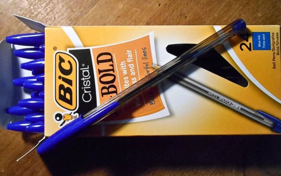 a 24 count box of BIC blue ink pens